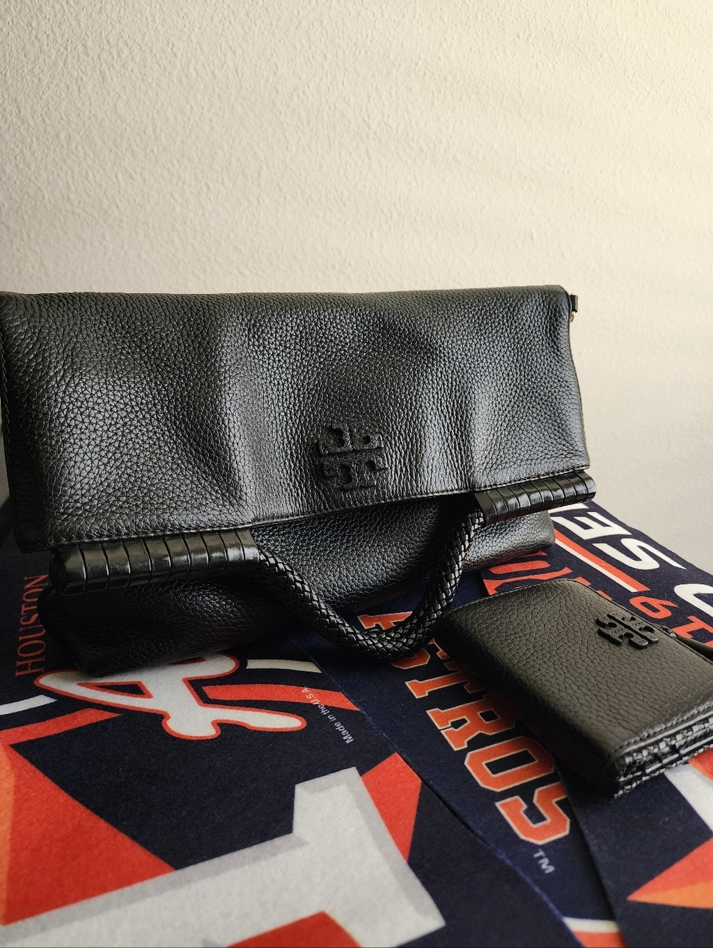 Black Leather Fold-Over Womens Bag with Matching Wallet Tory Burch